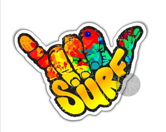 May include: A colorful, abstract hand gesture with the word "SURF" written in yellow letters. The hand is painted in a variety of colors, including red, orange, yellow, green, blue, and purple.