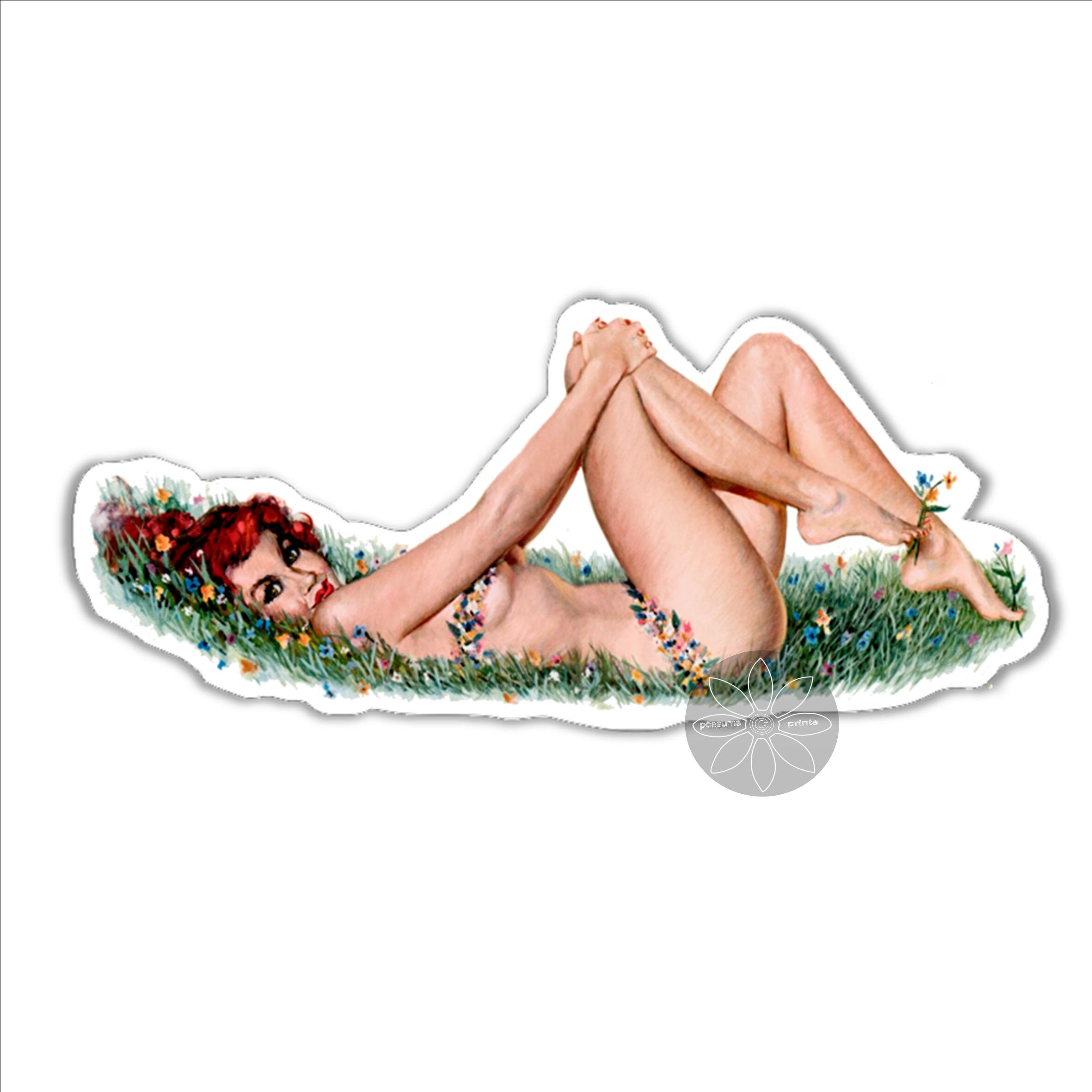 vintage style sexy pin up vinyl sticker girl in garden redhead pinup stickers 130 x 60 mm car laptop