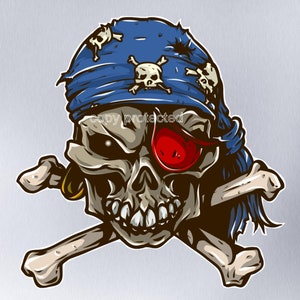 May include: An illustrated pirate skull, featuring a blue bandana decorated with skull and crossbones. The skull has a red eye patch and a gold earring, with crossed bones below.