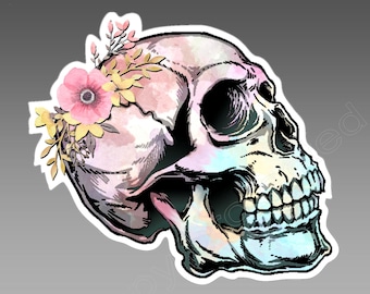 Watercolor Skull art vinyl sticker with delicate flower  / bumper sticker. Approximately 104 x 92 mm  ( 4 x 3.6 inches)