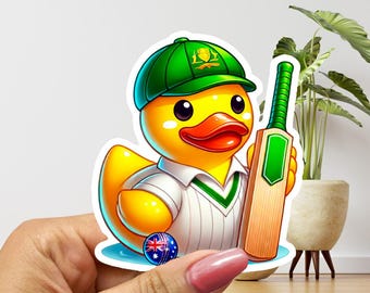 Fun Aussie Cricketer Rubber Duckie vinyl duck sticker wearing the Australian baggy green cricket cap 85 x 97 mm (3.4 x 3.9 inches)