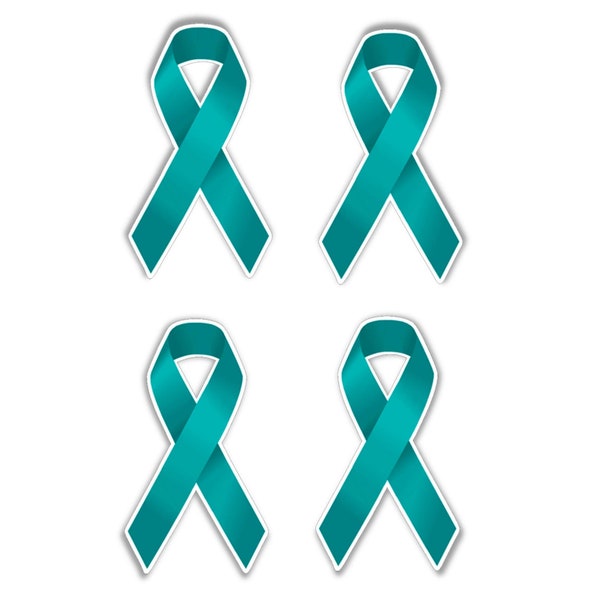 Ovarian cancer awareness teal ribbon set of 4 vinyl stickers for car bumper, laptop sticker 60 mm x 35 mm each ( 2.4 x 1.4 inches)