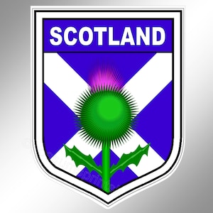 May include: A white shield with a blue background and a white cross. The shield has the word "SCOTLAND" at the top. In the center of the shield is a green thistle with a pink flower.