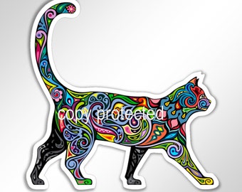 A vibrantly colorful cat / kitten happily walking with tail up. Vinyl sticker / bumper sticker. 94 or 131 mm