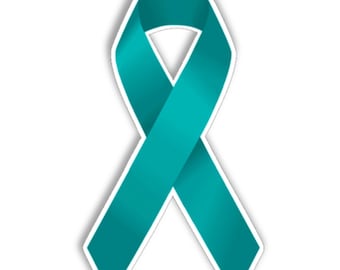 Ovarian cancer awareness teal ribbon vinyl sticker for car bumper, laptop stickers 100 mm or 4 inches tall.