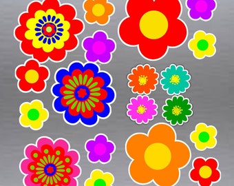 Set of 19 asst flower stickers hippie style flower power vinyl stickers for car or laptop sizes from 45 to 89 mm each ( 1.8 to 3.5 inches )