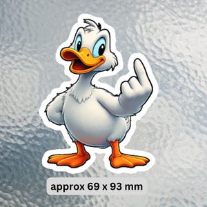 funny sticker, Middle finger duck Quality waterproof vinyl laptop, water-bottle stickers.  Approx. 69  x 93 mm  ( 2.7 x 3.7 inches)
