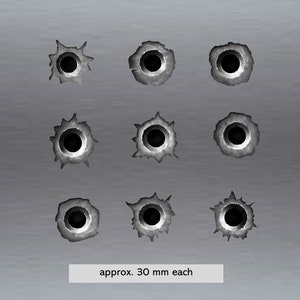 May include: Nine gray bullet hole decals, each approximately 1.2 inches in diameter, are arranged on a gray background. The text "approx. 30 mm each" is at the bottom. The decals have a realistic, distressed appearance.