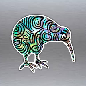 May include: A black and white stylized illustration of a kiwi bird with a iridescent blue and green pattern. The bird is facing left and has a long beak.