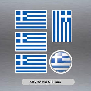May include: Three rectangular stickers featuring the Greek flag, a square sticker with the Greek flag, and a round sticker with the Greek flag. The stickers are on a silver background. 50 x 32 mm & 36 mm