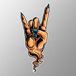 May include: A hand with long, blue fingernails makes the rock and roll hand gesture. The hand is drawn in a cartoon style and appears to be made of smoke.