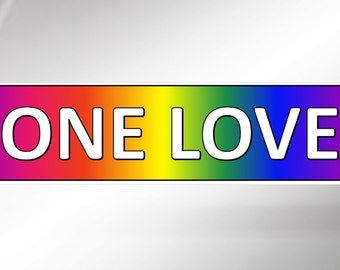 Equal Rights bumper stickers.  One Love.  Vinyl car decal in rainbow colours