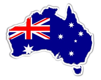 Map of Australia sticker with Australian flag . Weather proof vinyl Approx 84 mm x 102 mm (3.3 x 4 inches)