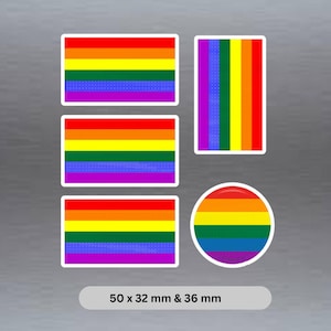 May include: Set of four rainbow pride flag stickers, two horizontal and two vertical, with a round rainbow pride sticker. The stickers are 50 x 32 mm and 36 mm.