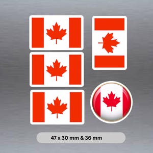 5 x small Canadian flag stickers.  4 at 47 x 30 mm each and 1 x 36 mm round waterproof vinyl