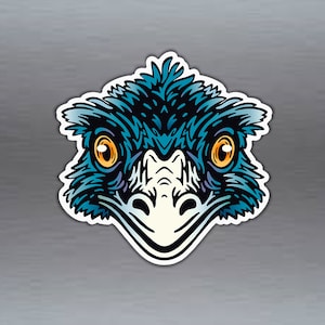 Emu vinyl sticker. Australia&#39;s largest bird. Blue cartoon. 97 x 95.5 mm  ( 3.9 x 3.8 inches )