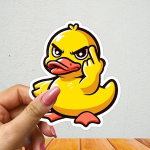 May include: A yellow rubber duck with an angry expression is giving the middle finger. The duck has a red beak and feet.