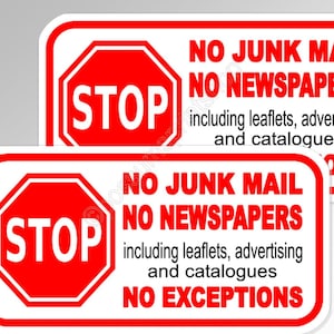 no junk mail newspapers no exceptions vinyl stickers for letterbox or letter slot mail box x 2