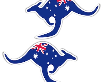 Aussie Kangaroo with Australian flag mirrored pair vinyl stickers Australia Approximately 130 mm x 85 mm (5.2 x 3.4 inches) each
