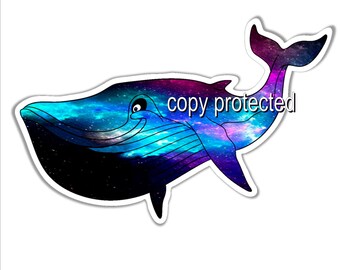 The mystical space whale. Humpback reflecting a starry sky car  bumper sticker. Approximately 135 x 92 mm  ( 5.3 x 3.4 inches)