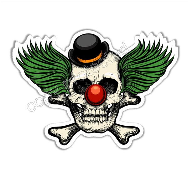car bumper sticker / decal scary evil clown skull with bowler hat.  Approximately 100  x 72 mm  ( 4 x 3 inches)