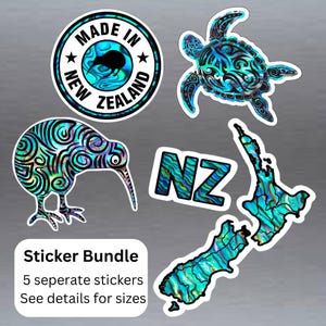 May include: A sticker bundle with five stickers, all with a New Zealand theme. The stickers include a kiwi bird, a turtle, a map of New Zealand, the letters "NZ", and a round sticker that says "Made in New Zealand". The stickers have a swirling, iridescent design.