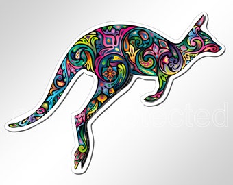 May include: A colorful, stylized illustration of a kangaroo, with intricate floral patterns in shades of blue, green, pink, and yellow.