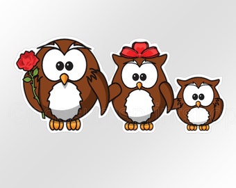 Owl family decal sticker.  Three cute owls on bumper sticker vinyl. 5.5 x 2.5 inches each.