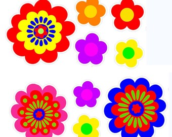 Set of 9 asst flower stickers hippie style flower power vinyl stickers for car or laptop sizes from 45 to 89 mm each ( 1.8 to 3.5 inches )