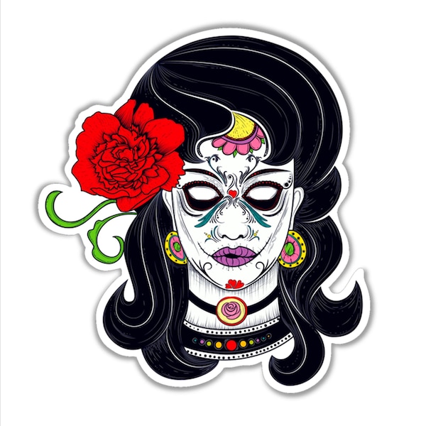 Candy sugar skull brunette girl lady day of the dead vinyl sticker. 106 x 96 mm approx ( 4.2 x 3.8 inches)
