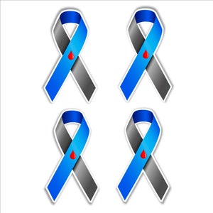 May include: Four blue and gray awareness ribbons with a red blood drop in the center. The ribbons are a symbol of support for those affected by blood disorders.