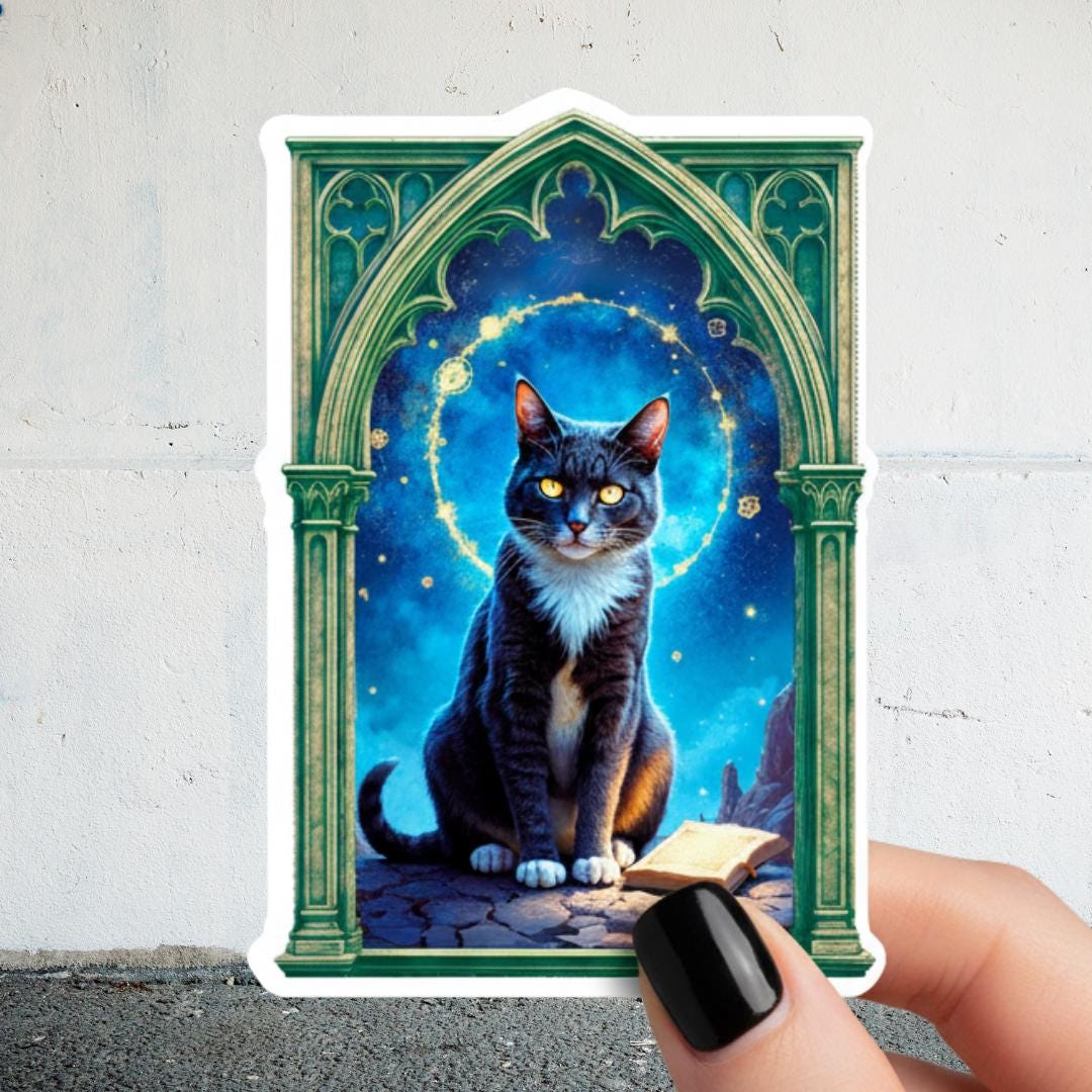 Mystical Black Cat Vinyl Sticker – Gothic Cathedral Window, Witchy Moon ...