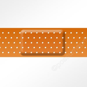 May include: An orange adhesive bandage with a rectangular pad in the center and rounded edges. The bandage has small, evenly spaced white dots across its surface, and is designed for wound care.