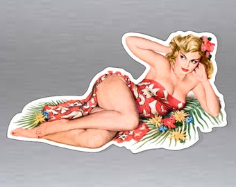 pin up girl car bumper vinyl sticker island blonde and flowers glamour 100 mm x 58 mm   ( 4 x 2.3 inches)