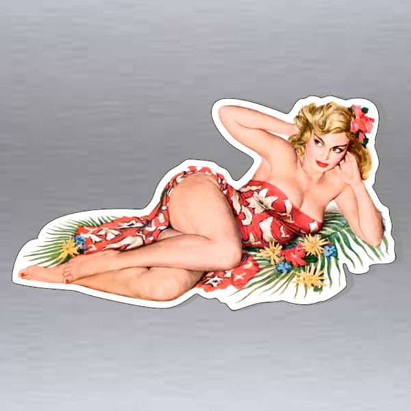 pin up girl car bumper vinyl sticker island blonde and flowers glamour 100 mm x 58 mm   ( 4 x 2.3 inches)