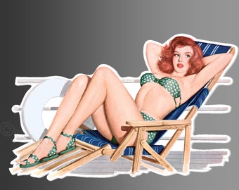 sexy pin up girl vinyl sticker redhead in bikini on boat pinup stickers 73 x 130 mm car laptop 5 x 3.75 inches