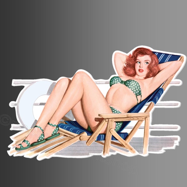 sexy pin up girl vinyl sticker redhead in bikini on boat pinup stickers 73 x 130 mm car laptop 5 x 3.75 inches