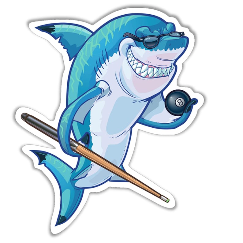 May include: A cartoon shark wearing sunglasses holds a pool cue and a black 8-ball. The shark is blue and white with a toothy grin.