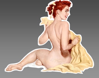sexy pin up girl vinyl sticker redhead wearing nothing but a gold blanket stickers 110 x 90 mm tall ( 4.5 x 3.5 inches )