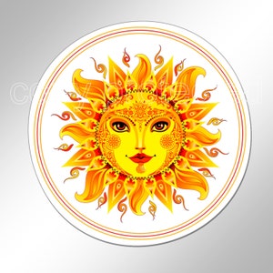 May include: A stylized illustration of a sun with a human face, surrounded by yellow and orange flames. The sun has a yellow face with red lips, brown eyes, and a floral design.