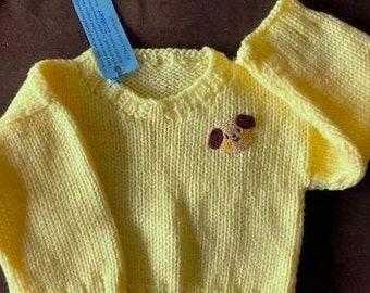 Baby Boy or Girl Yellow Pull Over Sweater Hand Crocheted/Knit Size 3-6 mo. Cute Puppy Head Applique  Slight V neckline. NEW