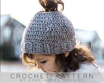 Messy Bun Hat Pattern- TODDLER/CHILD, Messy Bun Beanie Pattern, Ponytail Hat Pattern, Crochet, Hats for Ponytails, Messy Bun Crochet, Gray