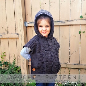 Hooded Pullover, Sweater Crochet Pattern, Crochet Pattern Girl, Fall, Toddler Sweater Pattern, Child, Preschooler, Children, Wood Button image 1