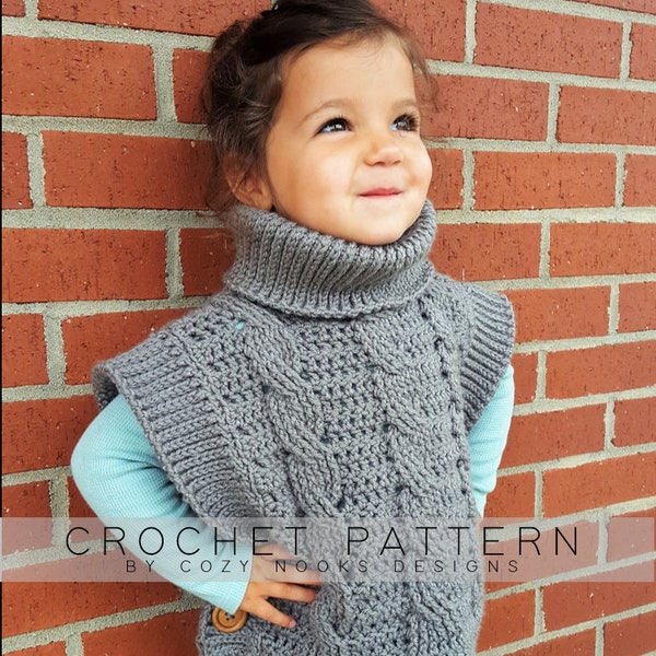 Cowl Pullover, Sweater Crochet Pattern, Crochet Pattern Girl, Fall, Toddler Sweater Pattern, Child, Preschooler, Children, Wood Button