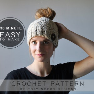 May include: A crochet pattern for a beige beanie with a button detail. The pattern is titled "30 Minute Easy to Make Crochet Pattern by Cozy Nooks Designs".