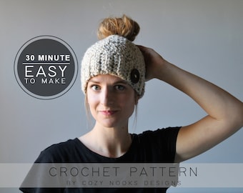 Quick Chunky Messy Bun Hat Pattern, Chunky Messy Bun Beanie Pattern, Chunky Ponytail Hat Pattern, Crochet, Messy Bun Crochet