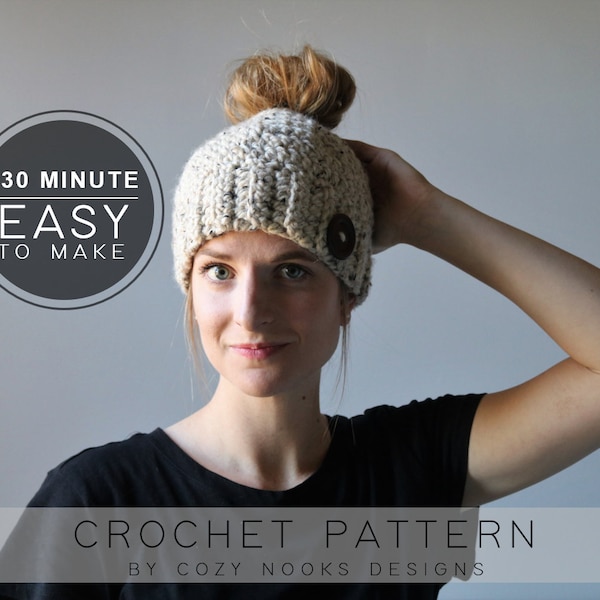 Quick Chunky Messy Bun Hat Pattern, Chunky Messy Bun Beanie Pattern, Chunky Ponytail Hat Pattern, Crochet, Messy Bun Crochet