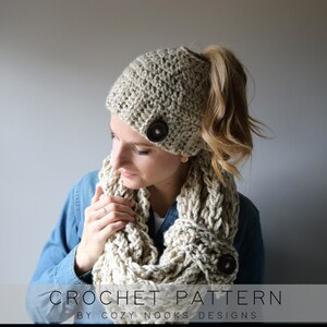 Quick Chunky Scarf and Bun Hat Crochet Pattern, Messy Bun Beanie and Infinity Scarf Pattern, Winter Hat and Scarf Pattern, Bun Crochet