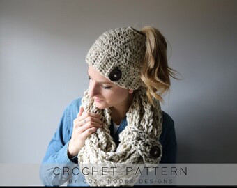 Quick Chunky Scarf and Bun Hat Crochet Pattern, Messy Bun Beanie and Infinity Scarf Pattern, Winter Hat and Scarf Pattern, Bun Crochet