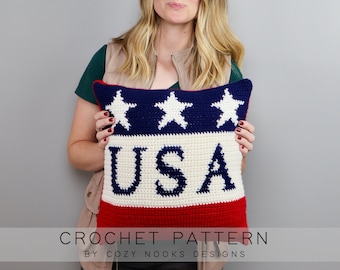 USA Stars Pillow Crochet Pattern, Crochet Pillow, Fourth of July Crochet, Crochet for 4th of July, Home Decor, Intarsia Crochet, USA Pillow